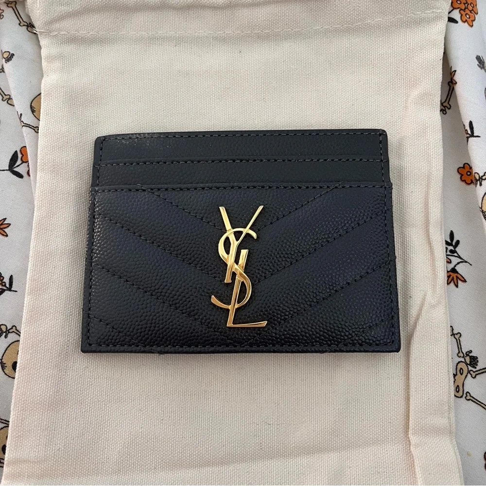 YSL Yves Saint Laurent Cassandre Matelassé Card Case in Grey Grain Leather - Picture 2 of 6